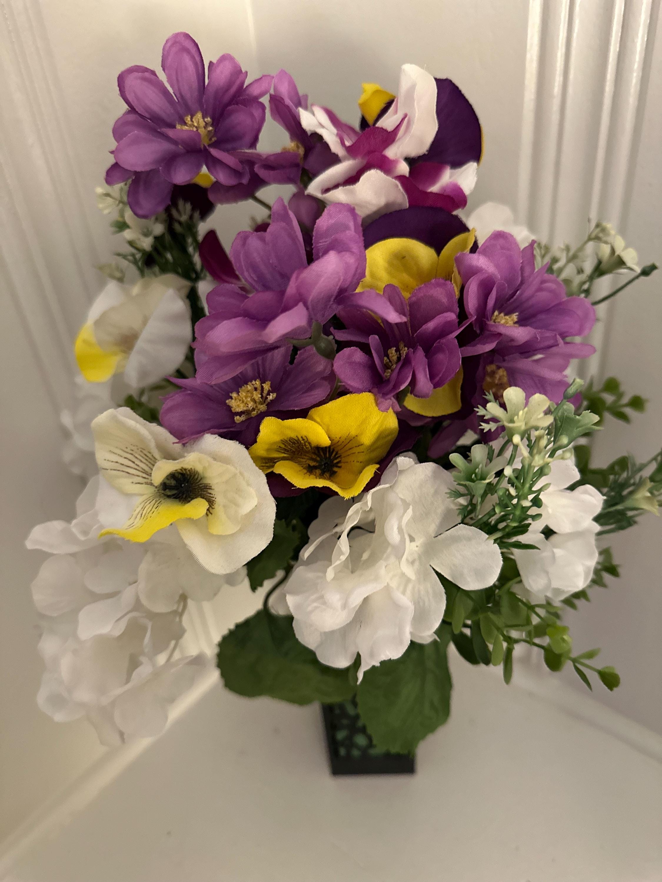 Purple Roses Cemetery Flowers: Silk Grave Marker Bouquet with Vase