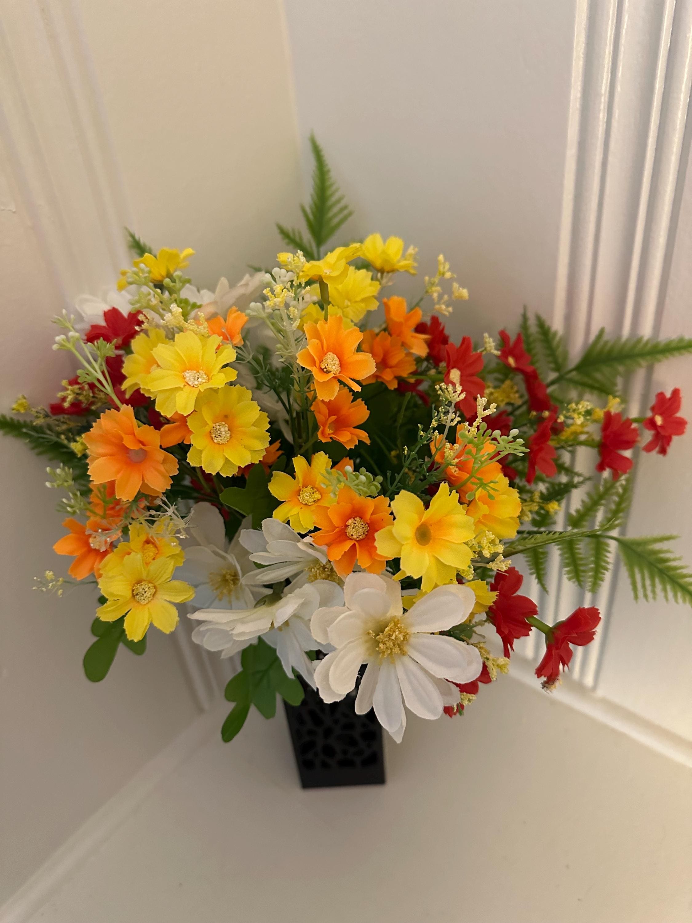 Summer Bloom Silk Floral Bouquet: Cemetery Grave Marker with Vase