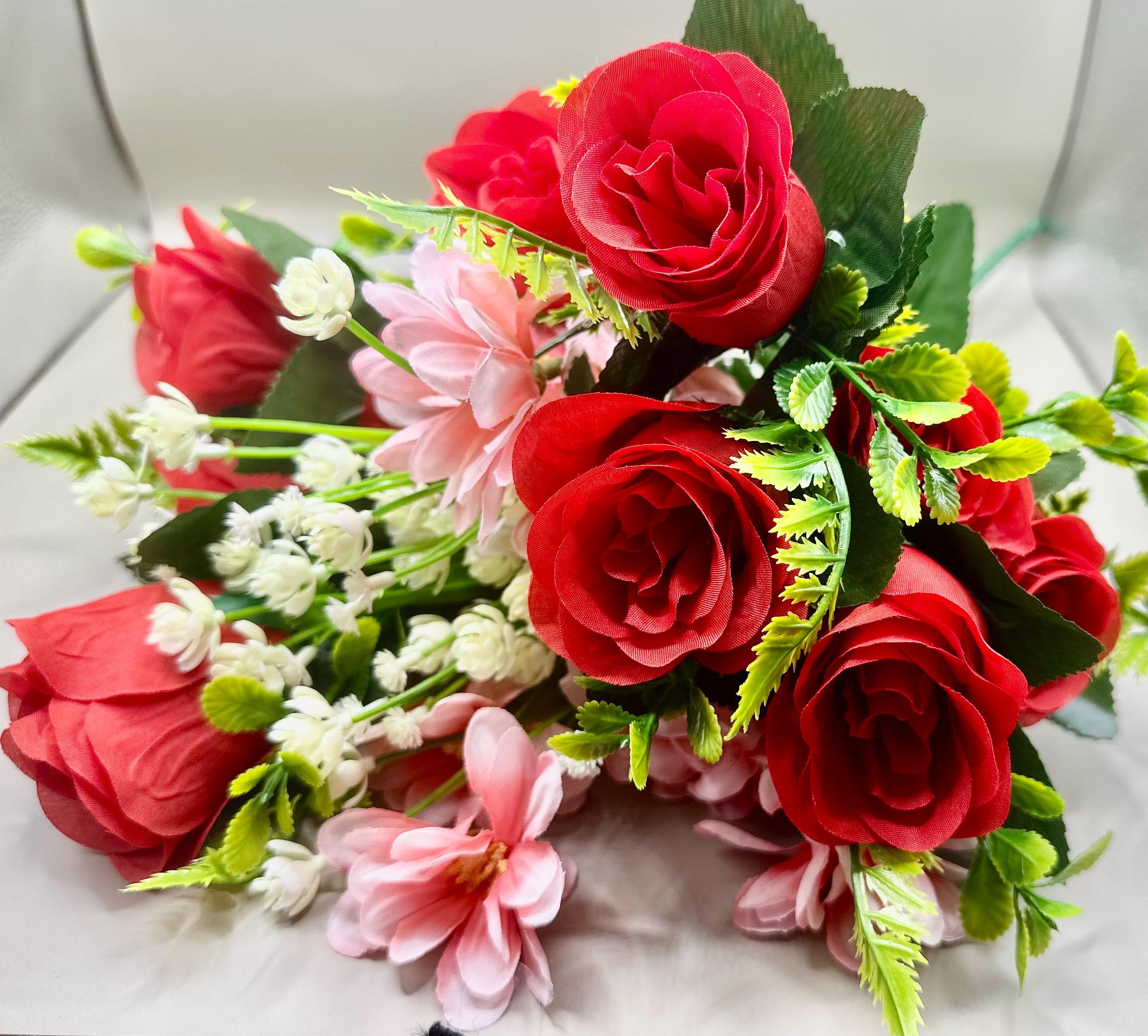 Red Silk Rose Cemetery Bouquet: Birthday Grave Marker with Vase