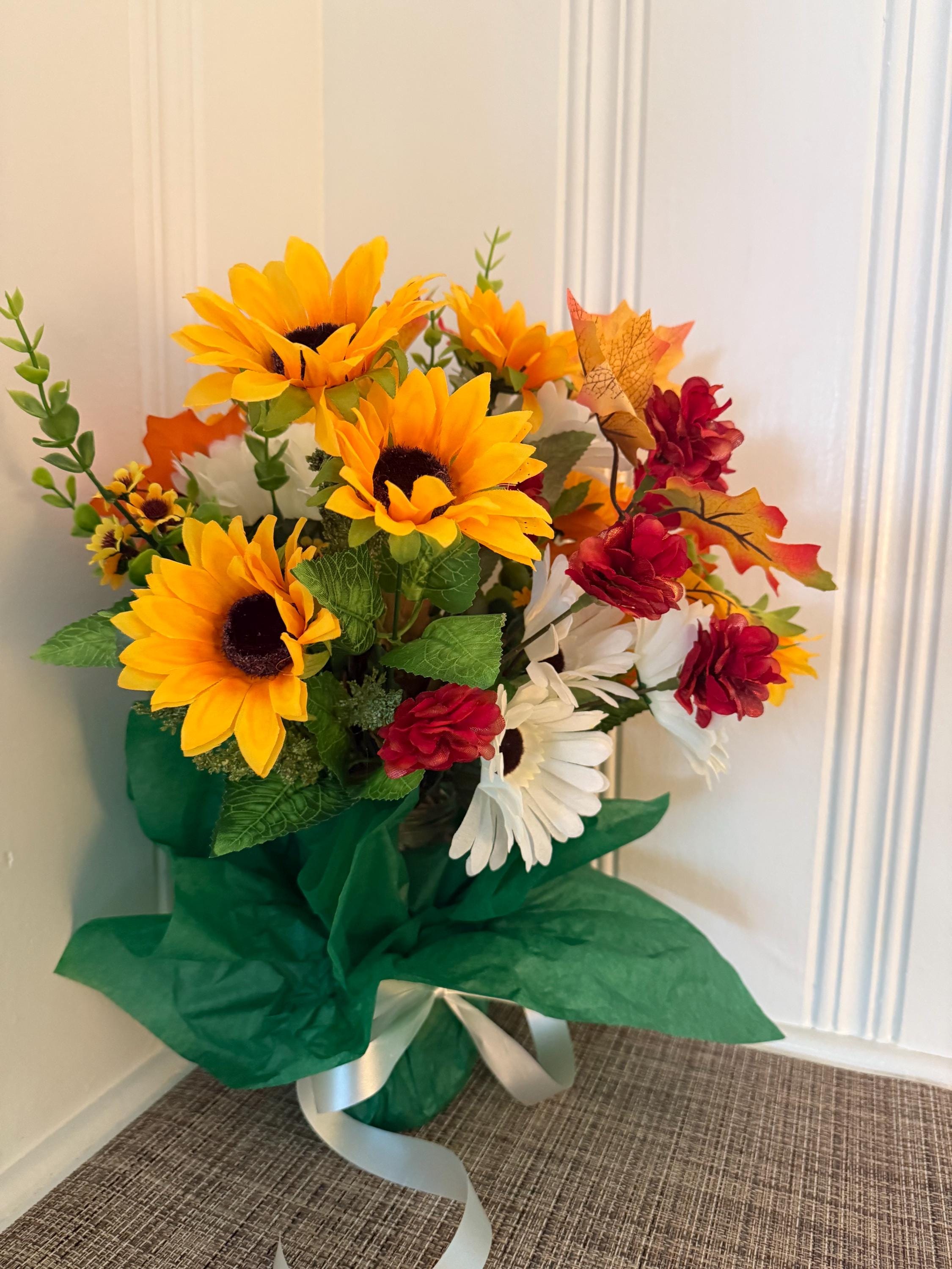 Autumn Silk Flower Bouquet: Red & Orange Fall Decor with Vase