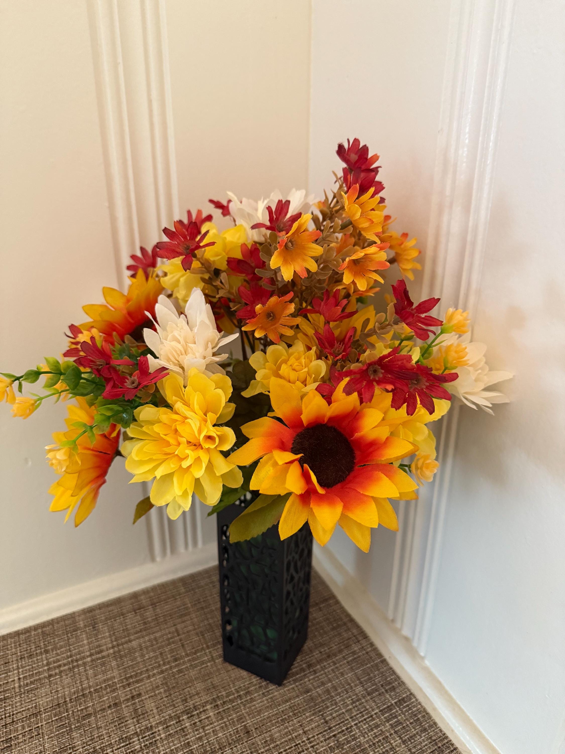 Autumn Cemetery Flowers: Silk Sunflower Bouquet with Personalized Card