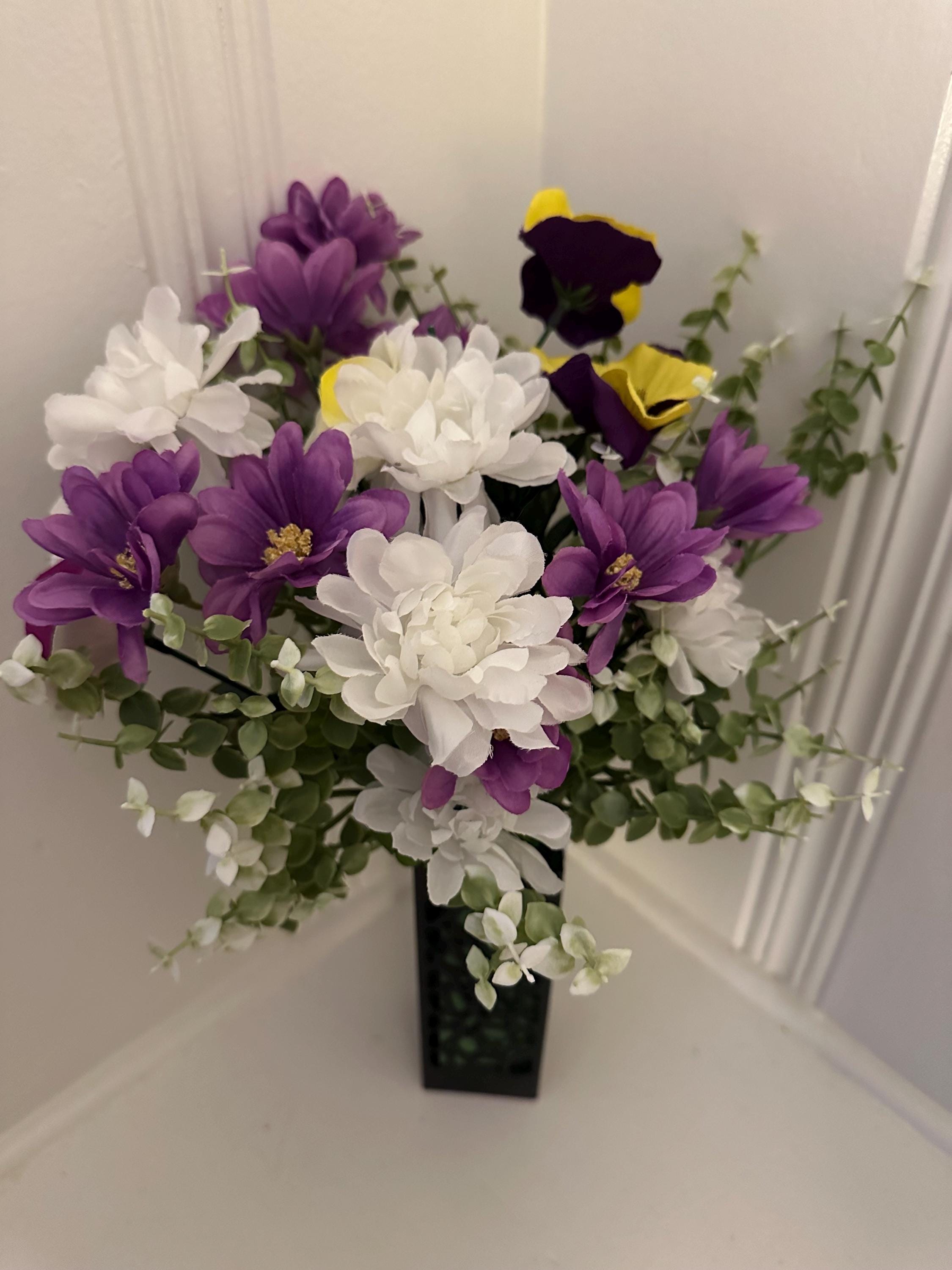 Purple Roses Cemetery Flowers: Silk Grave Marker Bouquet with Vase