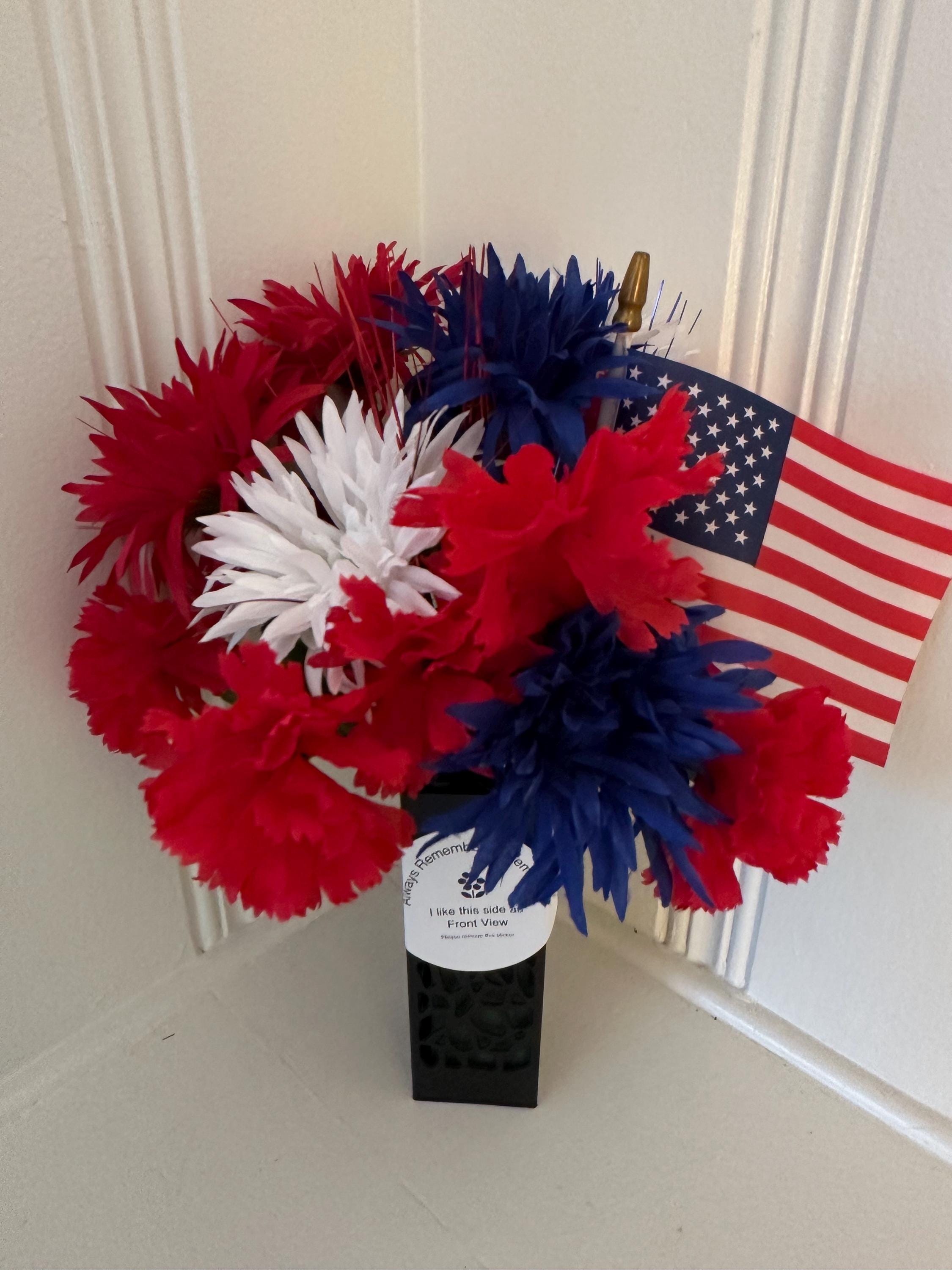 Patriotic Silk Flower Bouquet: Cemetery Grave Marker with Flag