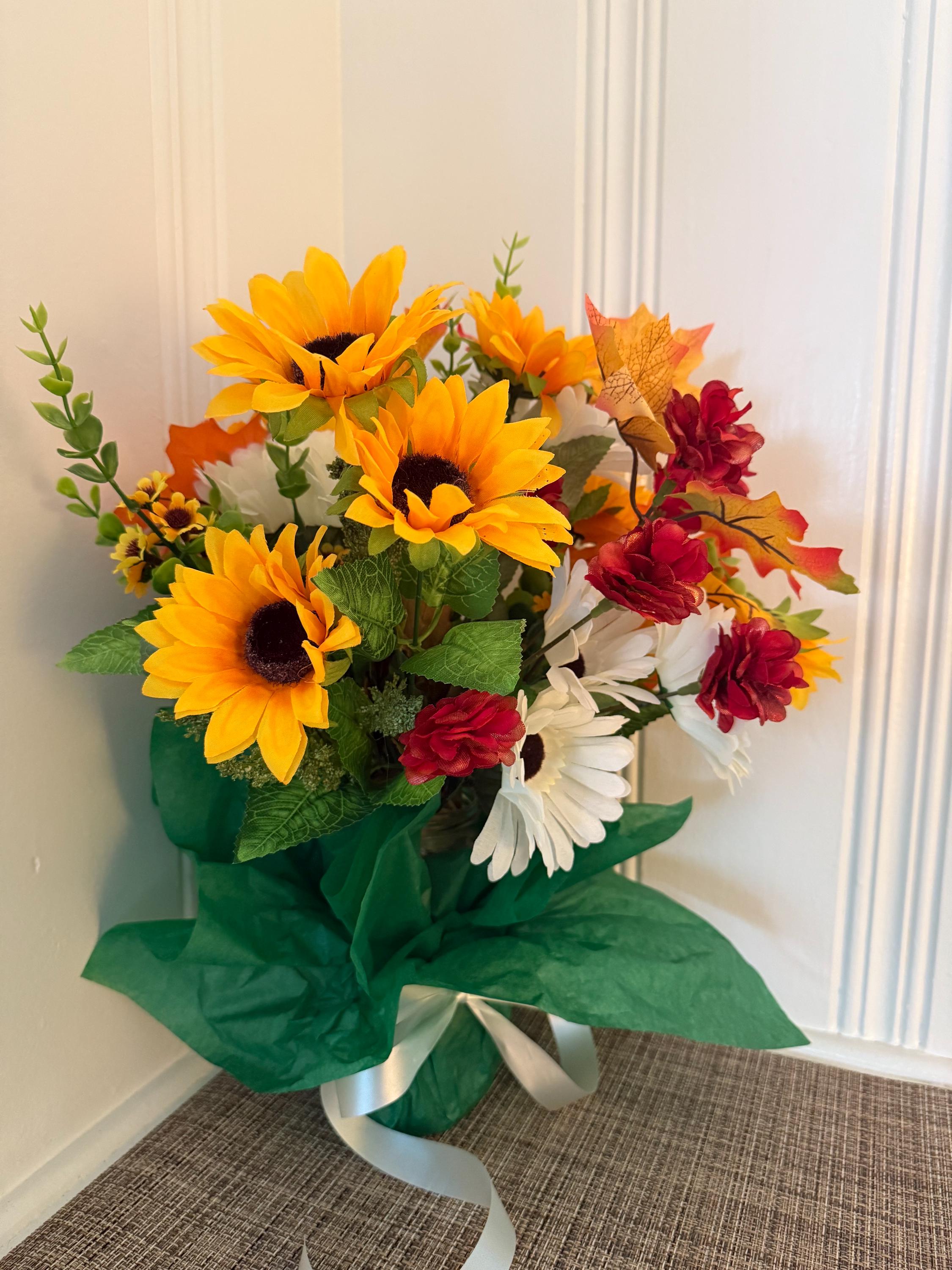 Autumn Silk Flower Bouquet: Red & Orange Fall Decor with Vase