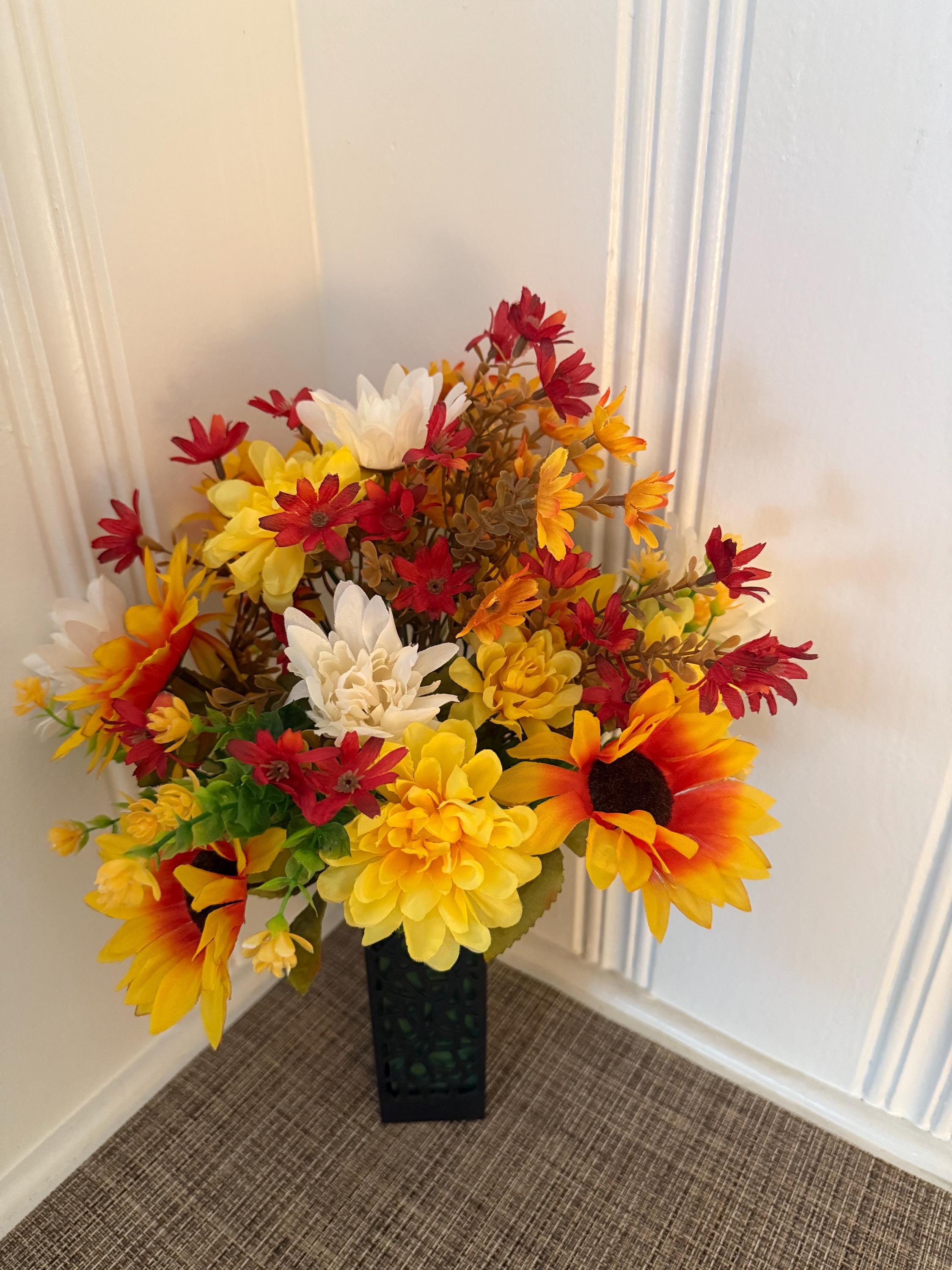 Autumn Cemetery Flowers: Silk Sunflower Bouquet with Personalized Card