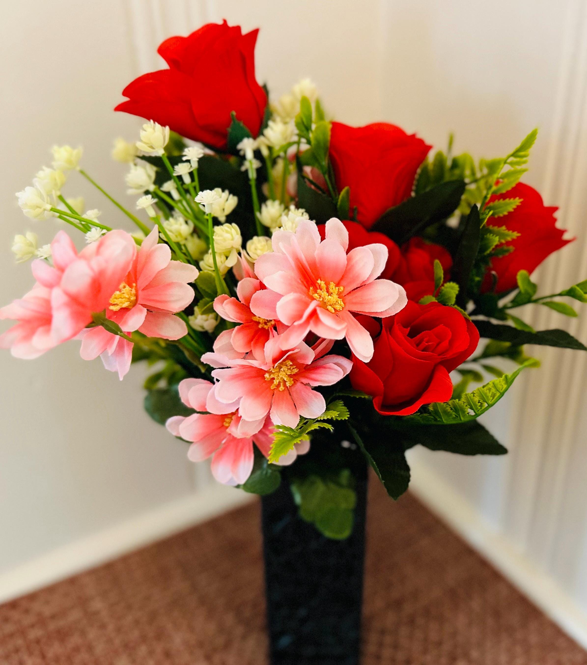 Red Silk Rose Cemetery Bouquet: Birthday Grave Marker with Vase