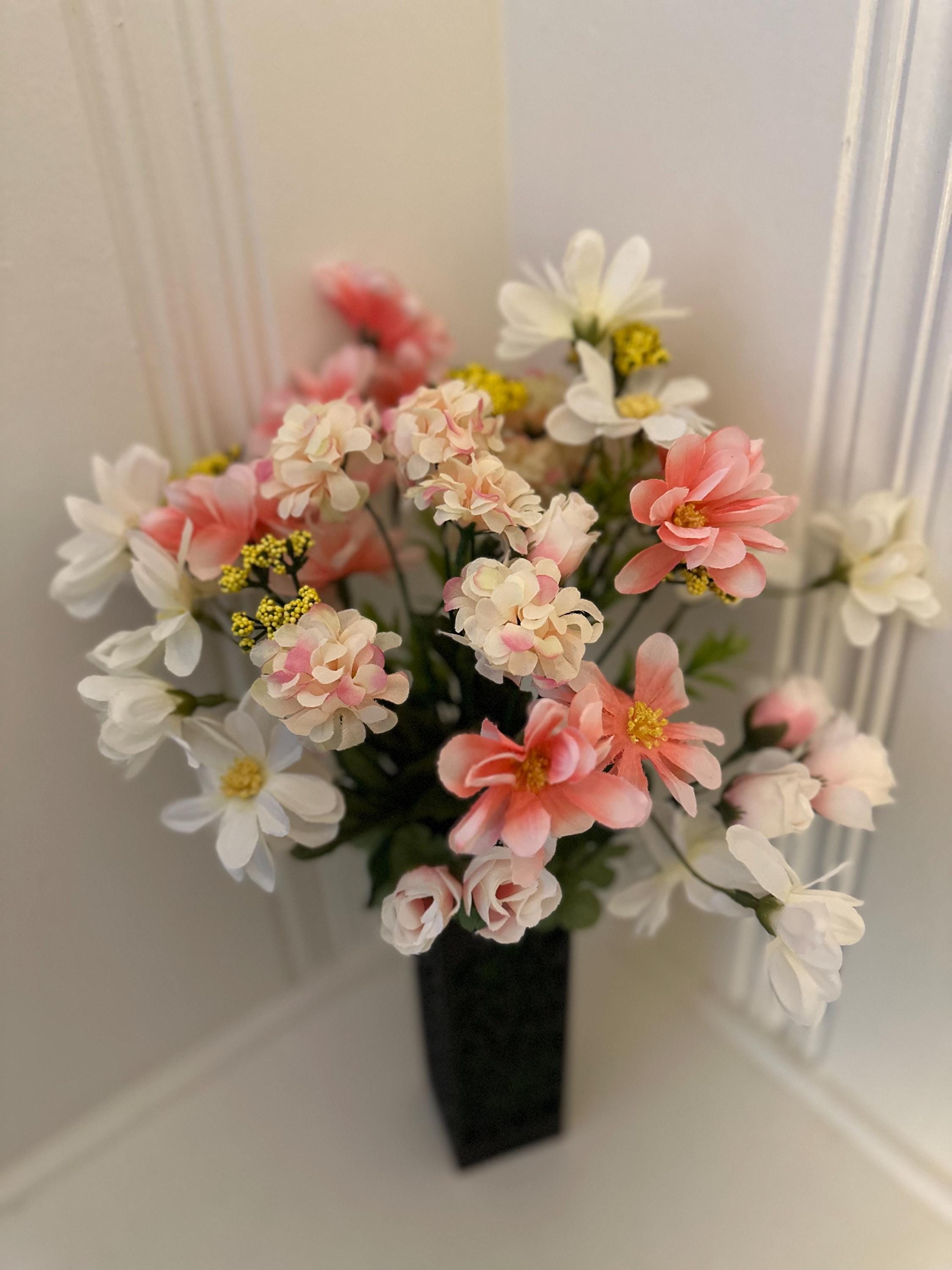 Silk Spring Flower Bouquet: Cemetery Grave Decoration with Vase